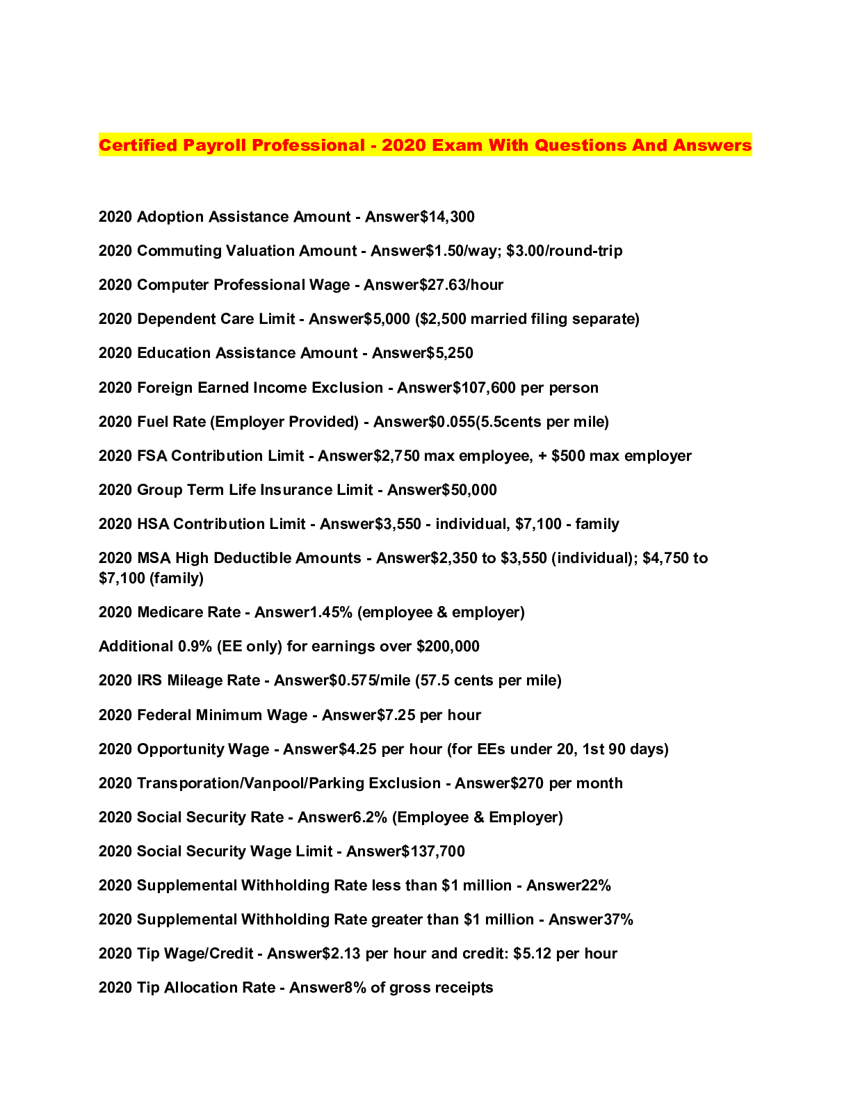 Preview of Certified Payroll Professional - 2020 Exam With Questions And Answers